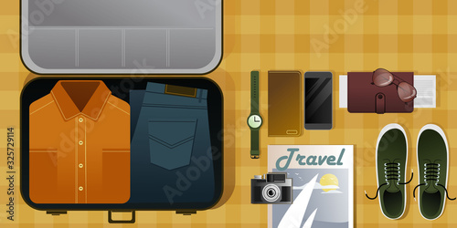 Packing things on vacation and collecting a man bag on a trip. Top view. Flat graphic Vector Illustration.