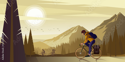 A bike ride trip with friends in the mountains on a warm summer evening. Flat graphic Vector illustration.
