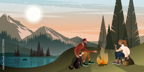 Young couple with a dog on a halt near a campfire in the mountains on a warm summer evening. Flat graphic vector illustration.