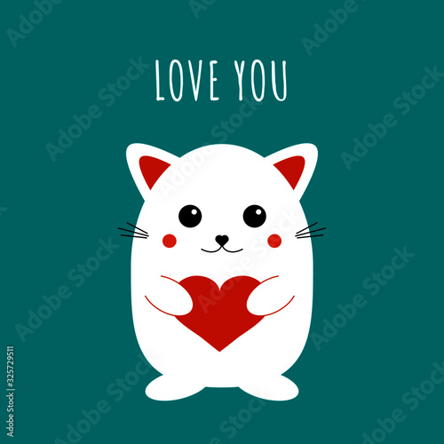 Cute love kawaii cat. Funny sweet kitten holding heart illustration with quote, trendy anime animal of happy baby cat. Vector graphic design for print