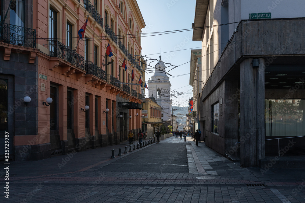 QUITO, ECUADOR - FEBRUARY 07, 2020: The main pedestrian street at historic colonial downtown of Quito, Ecuador. South America.