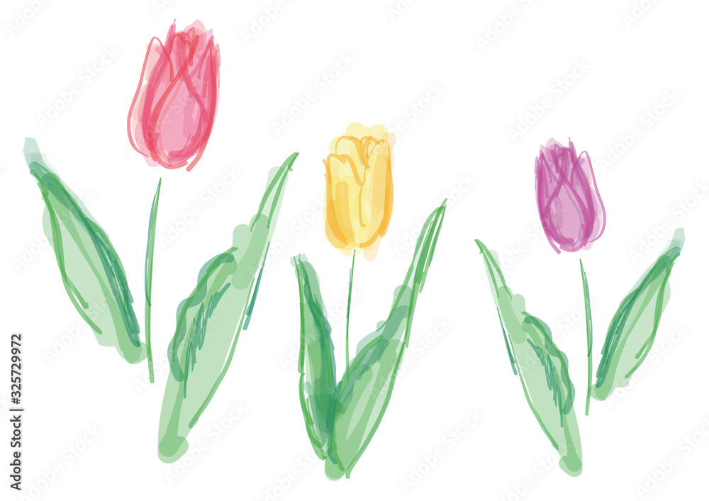 チューリップ ベクター イラスト 赤 黄色 紫 水彩 水彩風 パステルカラー かわいい きれい きれいな 春 春の花 花 植物 白バック 白背景 手描き 手書き 筆書き 筆描き カット 挿絵 素材 イラストレーション 自然 明るい 手描き風 Stock Vector