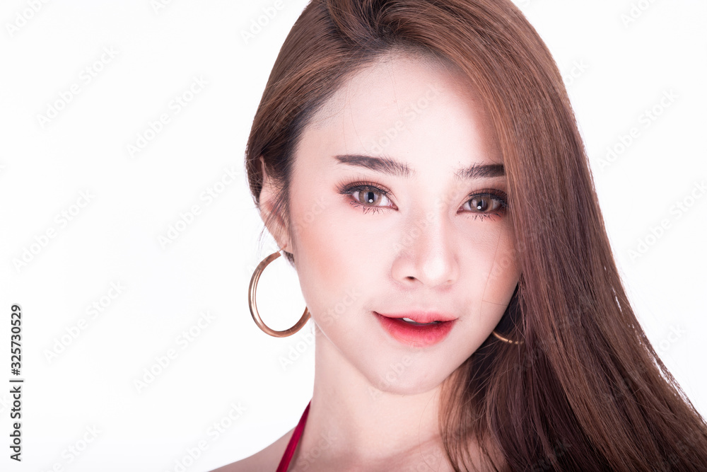 Portrait of beautiful thai woman isolated in white background. Close up. Portrait of beautiful thai woman isolated in white background. Close up.