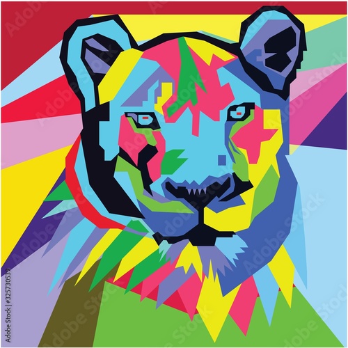 close up of face lion on abstract pop art