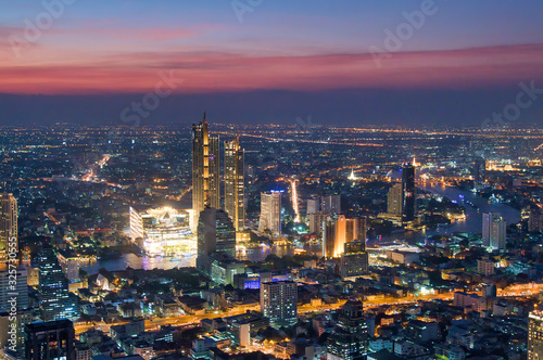 Aerial view of Bangkok Downtown Skyline at sunset, Thailand