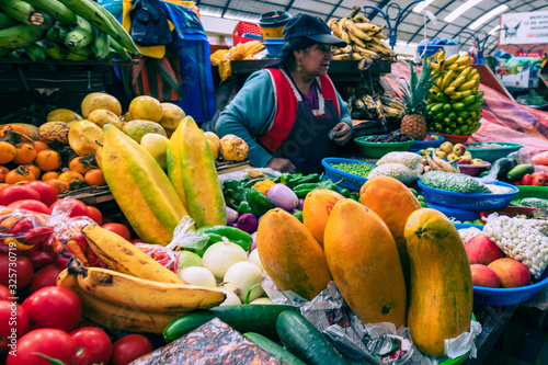 Traditional ecuadorian food market selling agricultural products and other food items in Cuenca, Ecuador, South America.