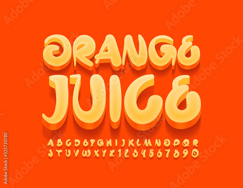 Vector bright emblem Orange Juice. Handwritten creative Font. 3D Alphabet Letters and Numbers