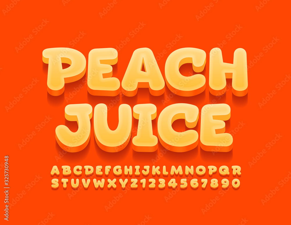 Vector bright banner Peach Juice. Orange 3D Font. Modern Alphabet Letters and Numbers for Kids Vector bright banner Peach Juice. Orange 3D Font. Modern Alphabet Letters and Numbers for Kids
