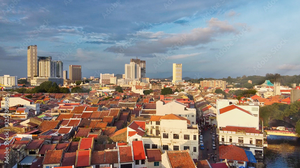 Aerial view of Malacca at sunset, Malaysia