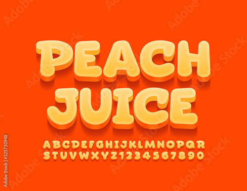 Vector bright banner Peach Juice. Orange 3D Font. Modern Alphabet Letters and Numbers for Kids