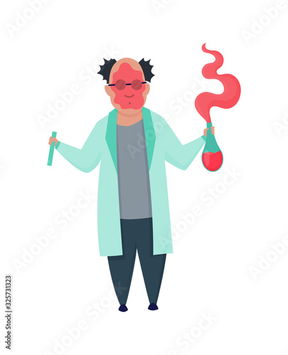 Failed experiment. Mad professor in lab coat. Crazy scientist stereotype. Doctor research in a laboratory lab. Evil scientist. Vector illustration isolated on white background