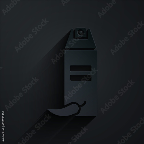 Paper cut Pepper spray icon isolated on black background. OC gas. Capsicum self defense aerosol. Paper art style. Vector Illustration