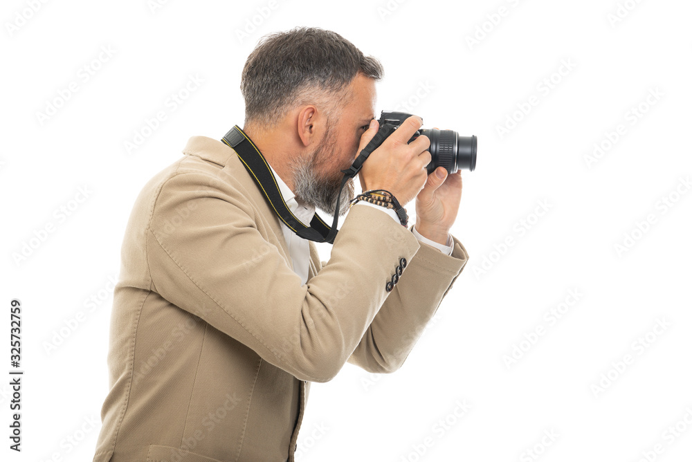 Photographer wearing smart casual clothes taking picture Photographer wearing smart casual clothes taking picture