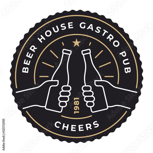 Vector black line vintage logo style badges with text Beer house gastro pub CHEERS. Isolated on white background.