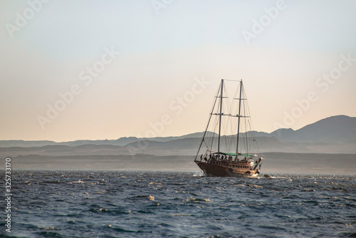 Sea Ship Sailing Under Sunset View, Sharm El Sheikh, Egypt