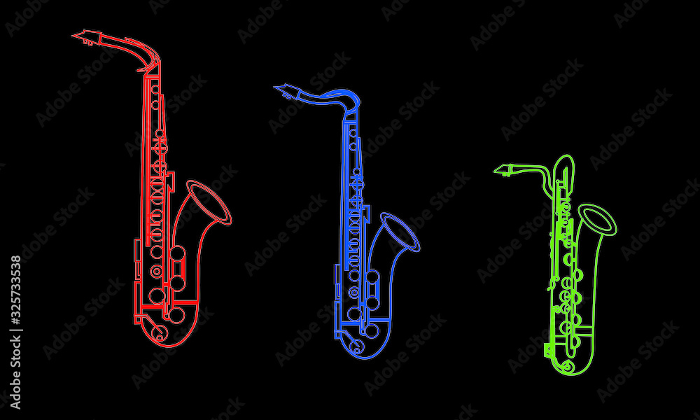 Colored line drawings of outline Alto Saxophone, Tenor Saxophone and