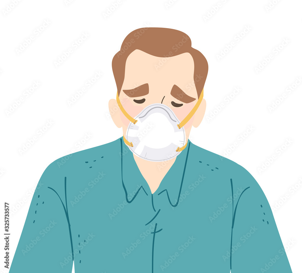 Man Wear N95 Face Mask Sad Illustration Man Wear N95 Face Mask Sad Illustration