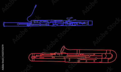 Colored line drawings of outline Bassoon and Contrabassoon musical instrument contour on a black background photo