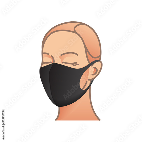 Protective mask. Black dust mask on woman face. Air pollution vector illustration