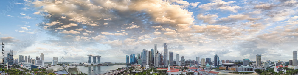 Singapore skyline. Panoramic view from drone at sunset