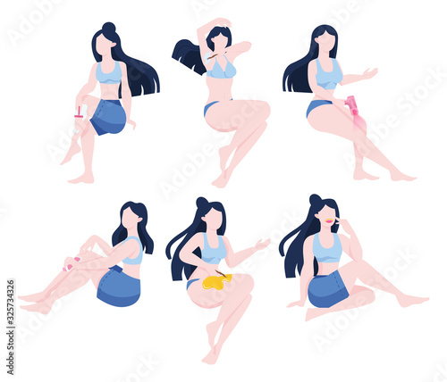 Woman making hair removal procedure set. Hair removal methods