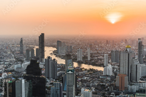 Aerial view of Bangkok city at sunset, from Mahanakhon SkyWalk, Thailand, Asia