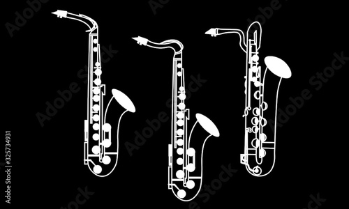 White color line drawings of outline Alto Saxophone  Tenor Saxophone and Baritone Saxophone musical instrument contour on a black background