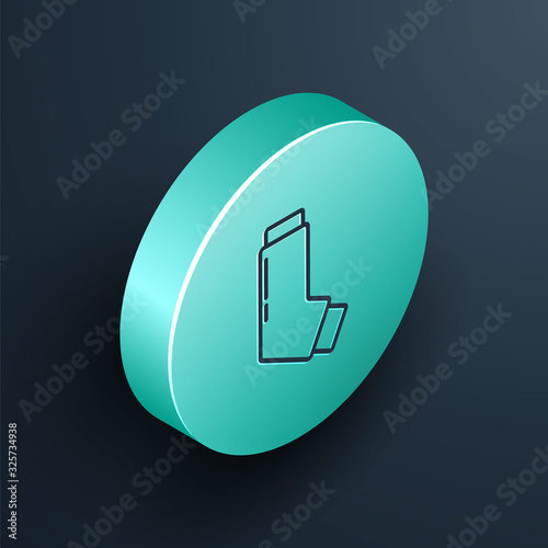 Isometric line Inhaler icon isolated on black background. Breather for cough relief, inhalation, allergic patient. Medical allergy asthma inhaler spray. Turquoise circle button. Vector Illustration
