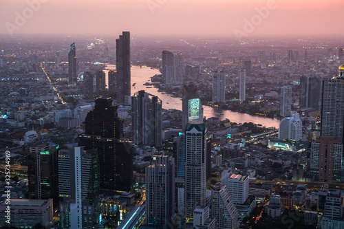Aerial view of Bangkok city at sunset  from Mahanakhon SkyWalk  Thailand  Asia