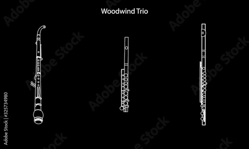 White color line, shape or outline forms of musical instruments as woodwind trio which includes english horn, piccolo and flute in contour illustration photo