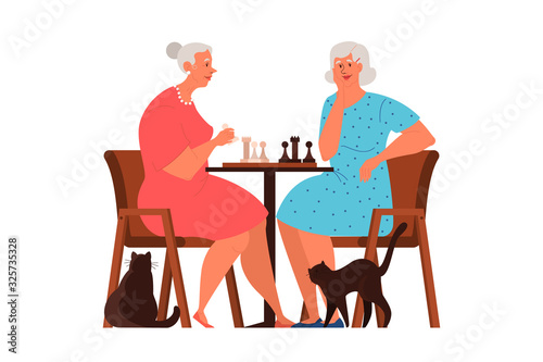 Old people play chess set