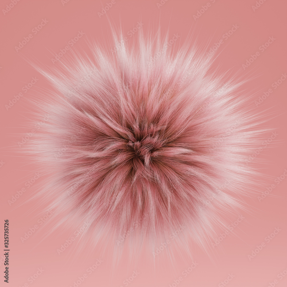 3D pastel pink fluffy fur ball levitating. Realistic round ball flying in  the air. Candy colors