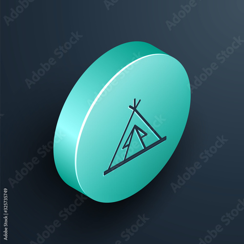 Isometric line Traditional indian teepee or wigwam icon isolated on black background. Indian tent. Turquoise circle button. Vector Illustration