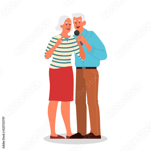 Senior people singing karaoke. Old woman and man singing song