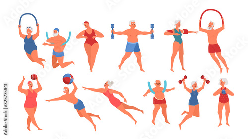 Set of old people doing exercise with swimming pool equipment.