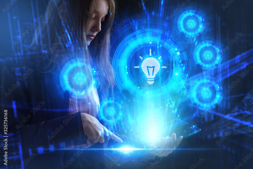 Business, Technology, Internet and network concept. Young businessman working on a virtual screen of the future and sees the inscription: Business, Technology, Internet and network concept. Young businessman working on a virtual screen of the future and sees the inscription: