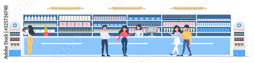 Modern pharmacy room interior with shelves and visitors.