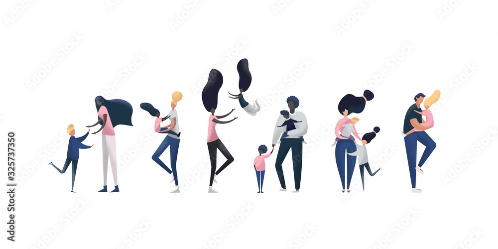 Collection of mothers, fathers and children spending time together. Set of parents and kids isolated on white background. Flat cartoon vector illustration.