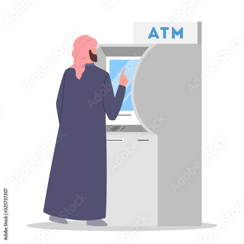 Muslim man at the ATM. Muslim people standing in queue to ATM.