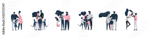 Set of large families portrait. African American nationality. Happy people with children. Colorful flat illustration