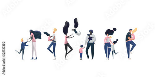 Collection of mothers  fathers and children spending time together. Set of parents and kids isolated on white background. Flat cartoon vector illustration.