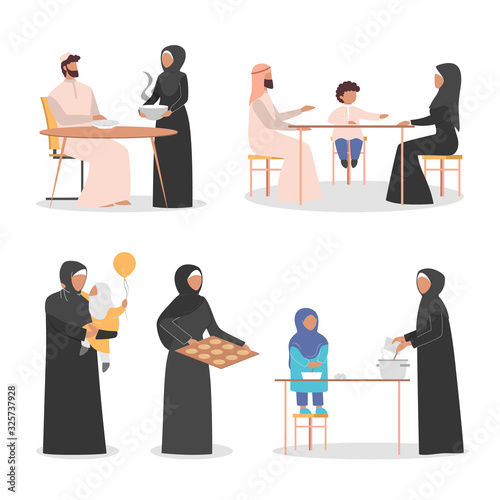 Happy arab family spend time together at home set. Muslim character