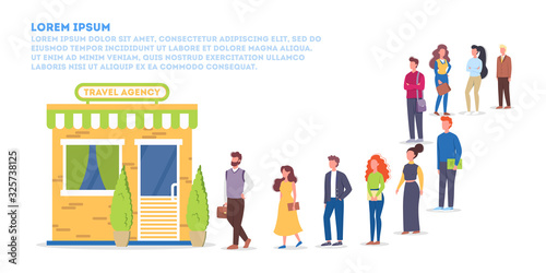 Vector illustration of big queue of people standing towards a travel agency