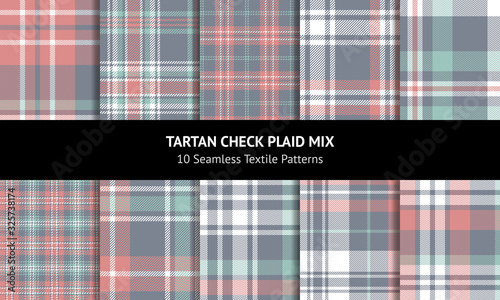 Tartan plaid pattern background set. Seamless check plaid graphic in grey, coral, green, and white for flannel shirt, blanket, throw, upholstery, or other modern fabric print.