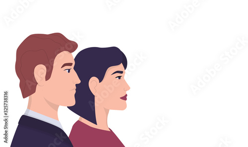 Profile portraits or heads of male and female cartoon characters