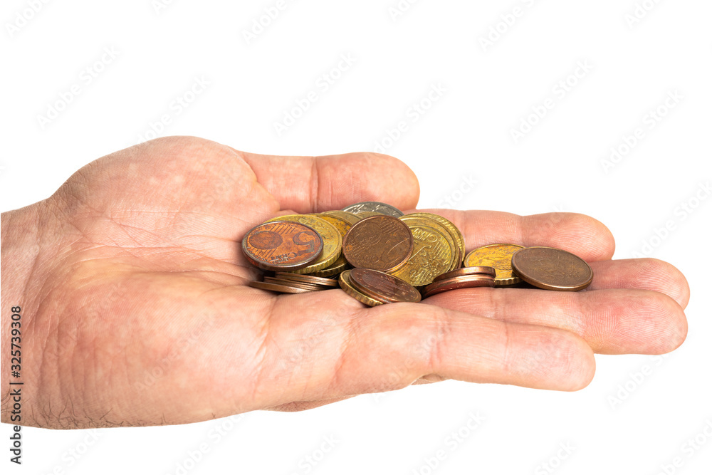 Caucasian man holding Euro coins heap in a hand isolated on a white background. Wealth or saving abstract concept. Caucasian man holding Euro coins heap in a hand isolated on a white background. Wealth or saving abstract concept.