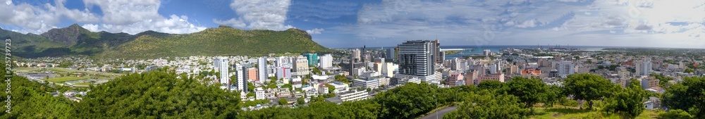 Panoramic aerial view of Port Louis skyline in Mauritius at dusk