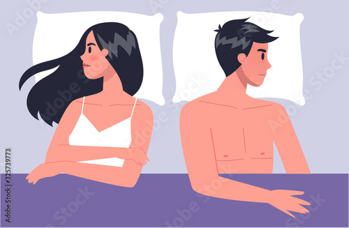 Pair of man and woman lying turned away in bed. Concept of sexual