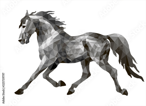 silver running pony drawn in polygonal style  monochrome isolated image on a white background