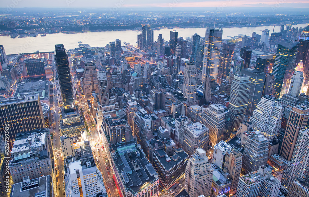 Fototapeta premium New York City, USA. Night aerial view of Midtown Manhattan skyscrapers from a high viewpoint